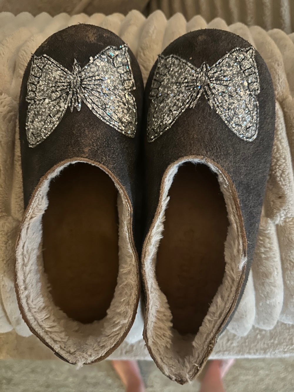 Magnolia Pearl Gray Faux-Suede shoes  with Silver Glitter Butterfly